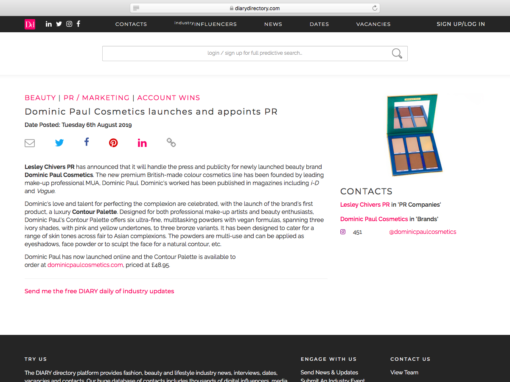 Diary Directory | Dominic Paul Cosmetics launches and appoints PR
