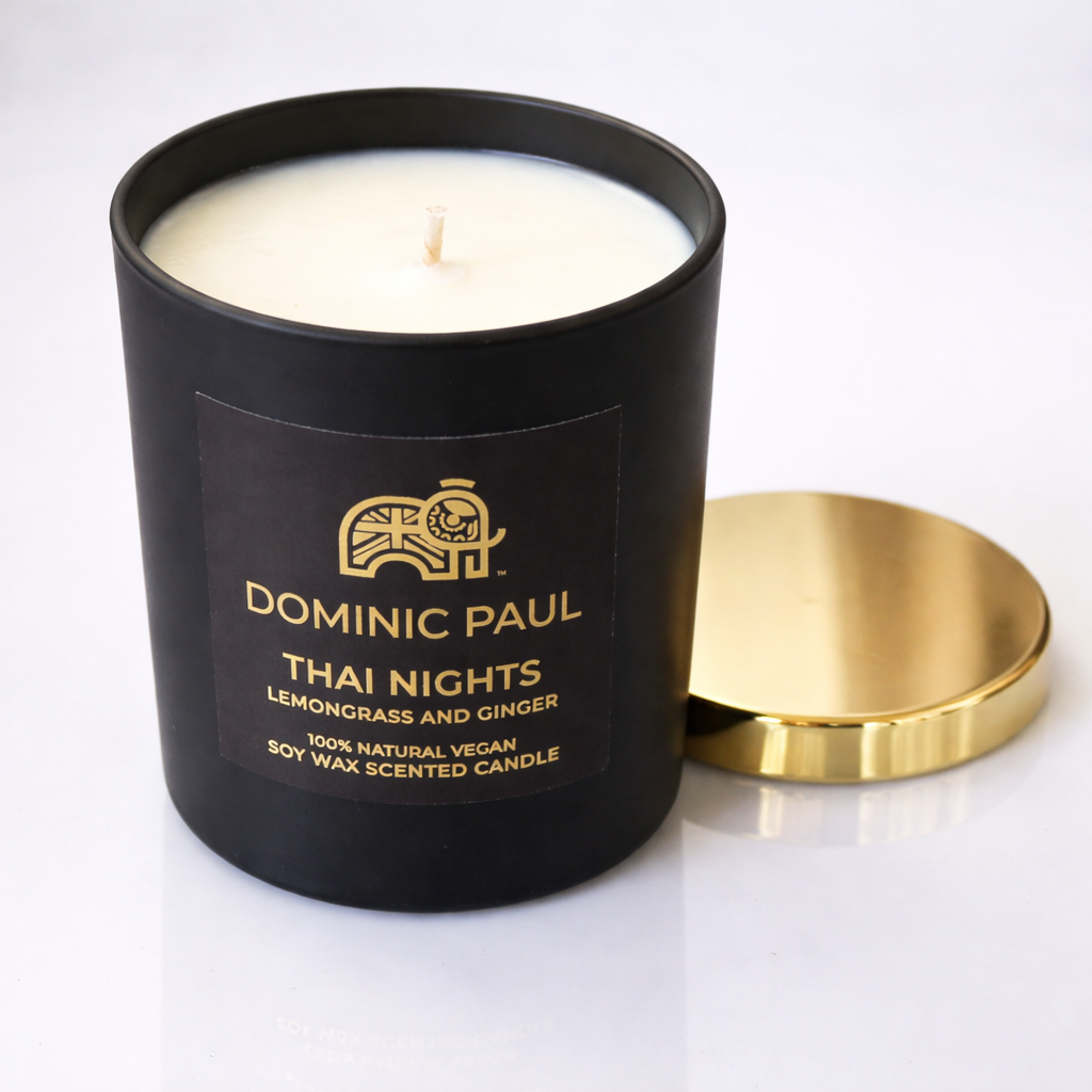 Dominic Paul Cosmetics Thai nights candle Thai nights Dominic Paul cosmetics candle cruelty free soy wax lemon grass and ginger long lasting