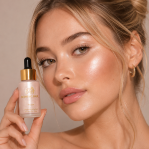 Dominic Paul Cosmetics Liquid Highlighter shimmer and glow skin natural looking bronze and healthy looking vegan friendly and cruelty free body glow