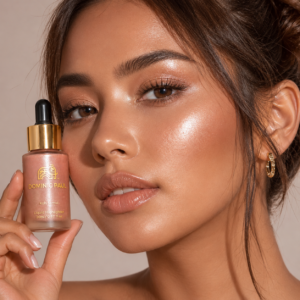 Dominic Paul Cosmetics Liquid Highlighter shimmer and glow skin natural looking bronze and healthy looking vegan friendly and cruelty free body glow