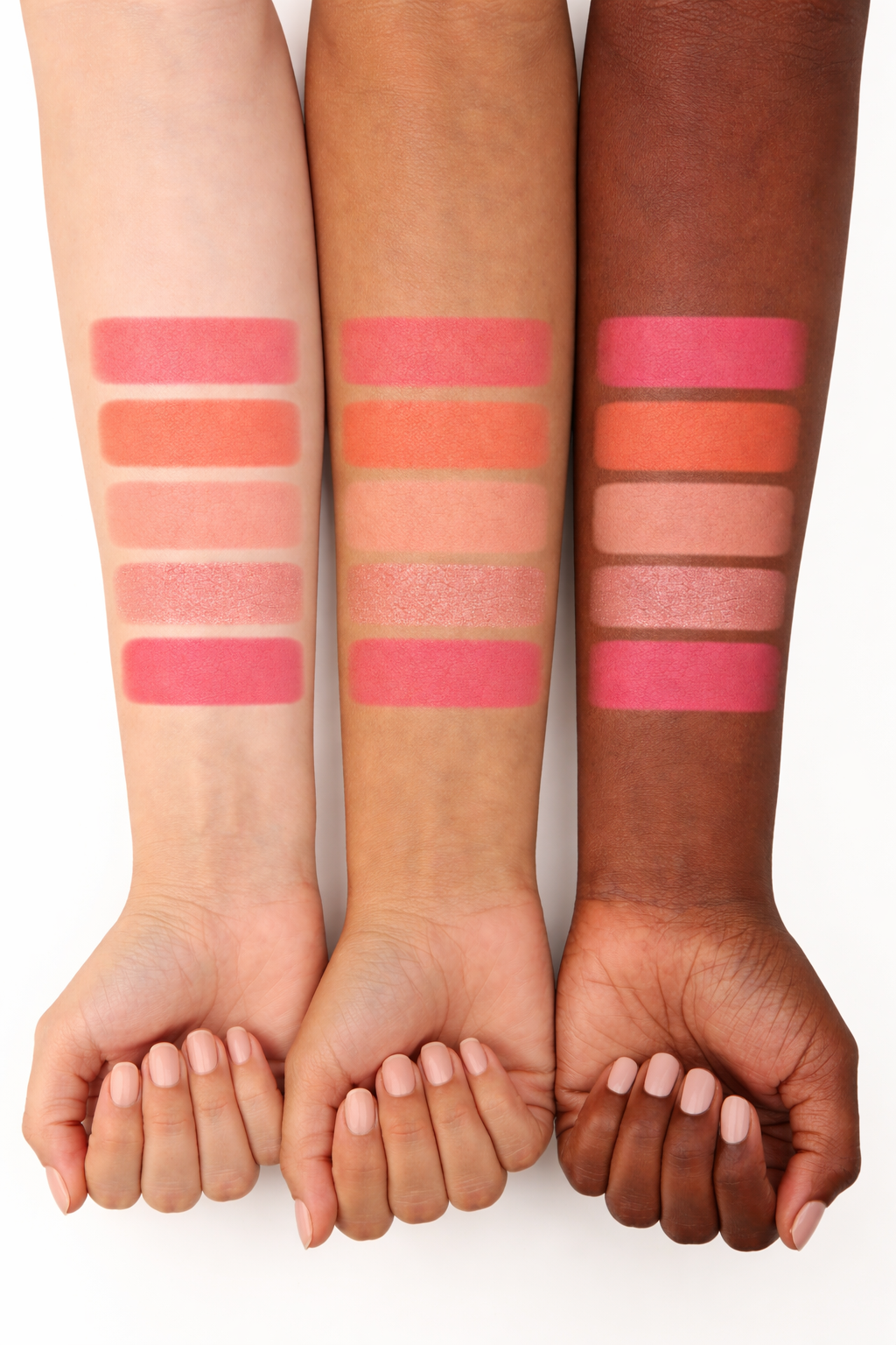 Dominic Paul Cosmetics powder blush swatches pink orange shimmer and nude long lasting easy to apply and natural blusher