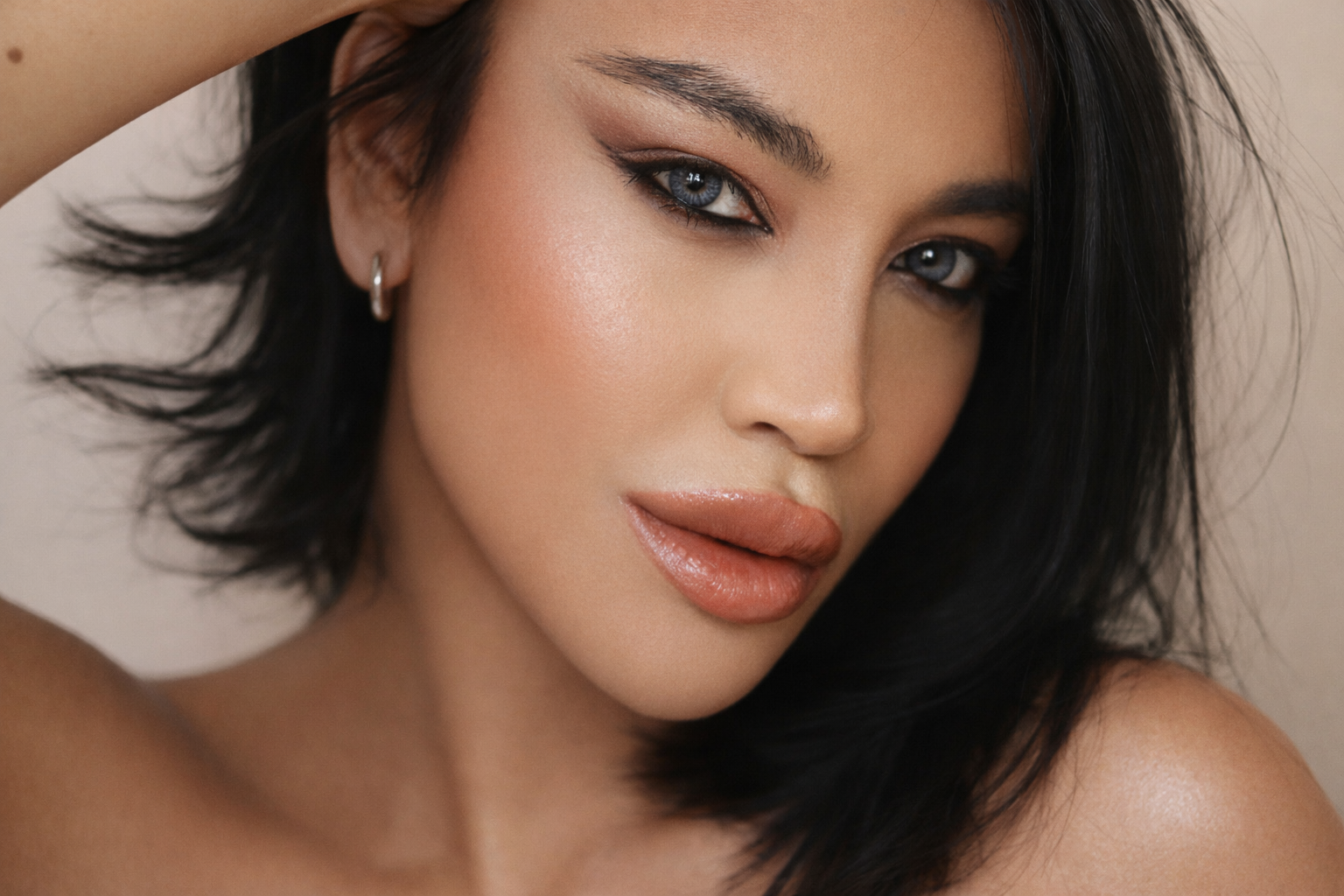 Dominic Paul Cosmetics Campaign image, wearing the Dominic Paul Contour Palette, Custom Powder Highlighter, Eyeshadow Palette and Liquid Lipstick