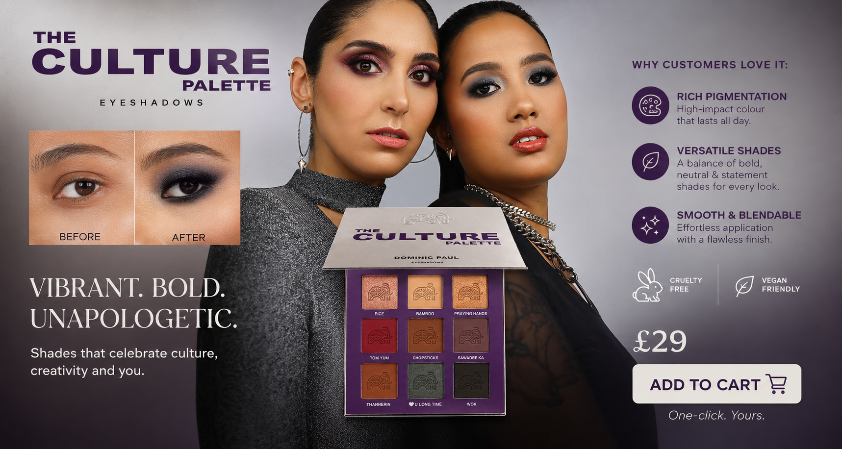Dominic Paul Cosmetics The Culture Palette eyeshadows vegan friendly and cruelty free long lasting matte and shimmer shades day to night makeup Smokey eye