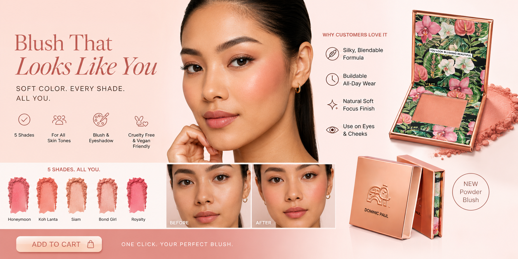 Dominic Paul Cosmetics Powder blush cruelty free and vegan friendly easy to apply long lasting and highly pigmented