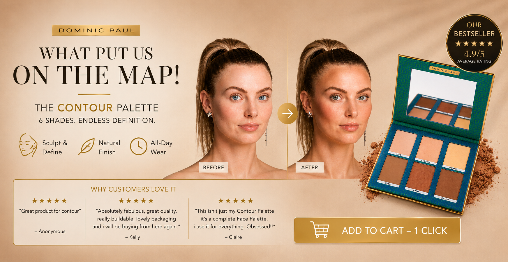 Dominic Paul Cosmetics Contour Palette cruelty free vegan friendly can be used for setting powder eyeshadow bronzer contour highlight pro mua professional makeup artist glam quick travel size easy to apply multipurpose