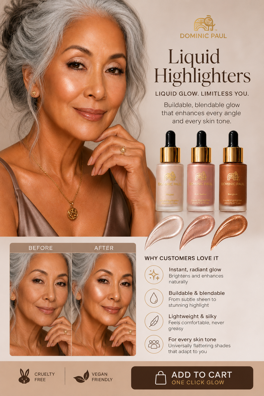 Dominic Paul Cosmetics Liquid Highlighter shimmer and glow skin natural looking bronze and healthy looking vegan friendly and cruelty free body glow