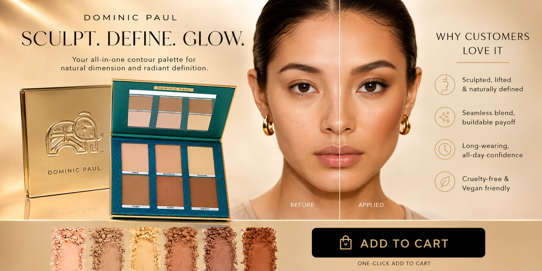 Dominic Paul Cosmetics Contour Palette cruelty free vegan friendly can be used for setting powder eyeshadow bronzer contour highlight pro mua professional makeup artist glam quick travel size easy to apply multipurpose
