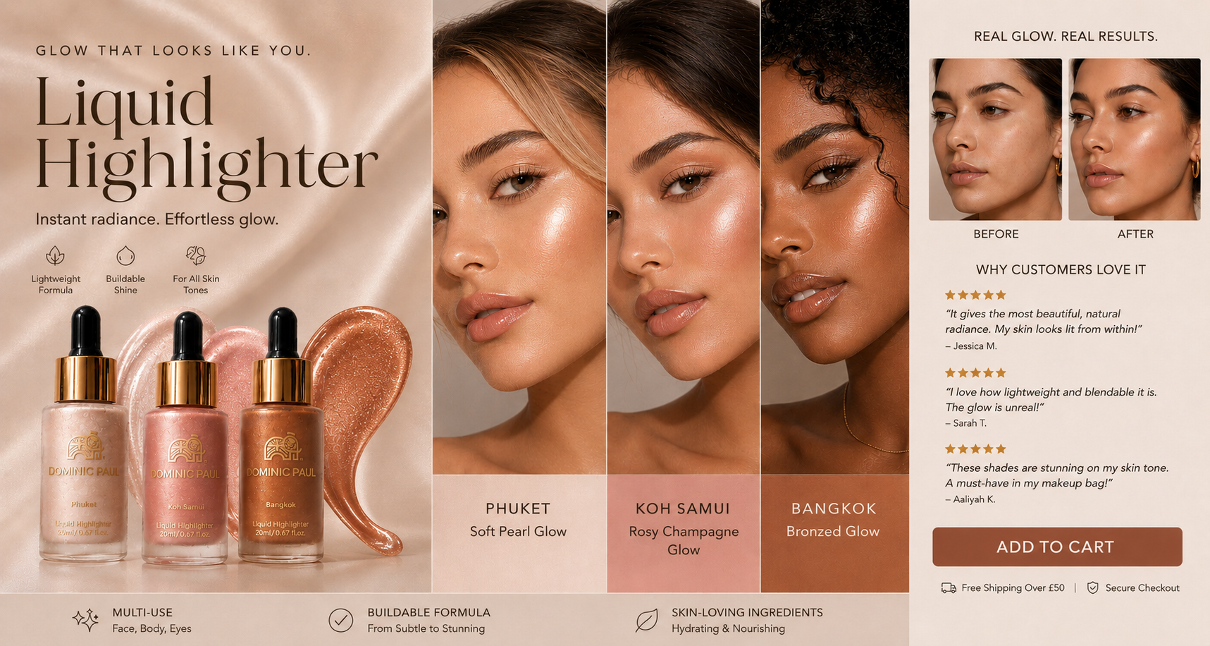 Dominic Paul Cosmetics Liquid Highlighter in shade Phuket giving a natural highlighted look perfect for summer face and body glow