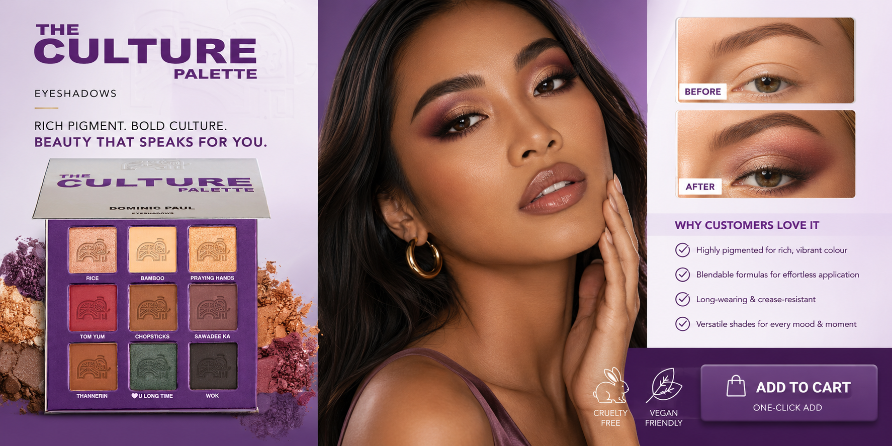 Dominic Paul Cosmetics The Culture Palette eyeshadows vegan friendly and cruelty free long lasting matte and shimmer shades day to night makeup Smokey eye