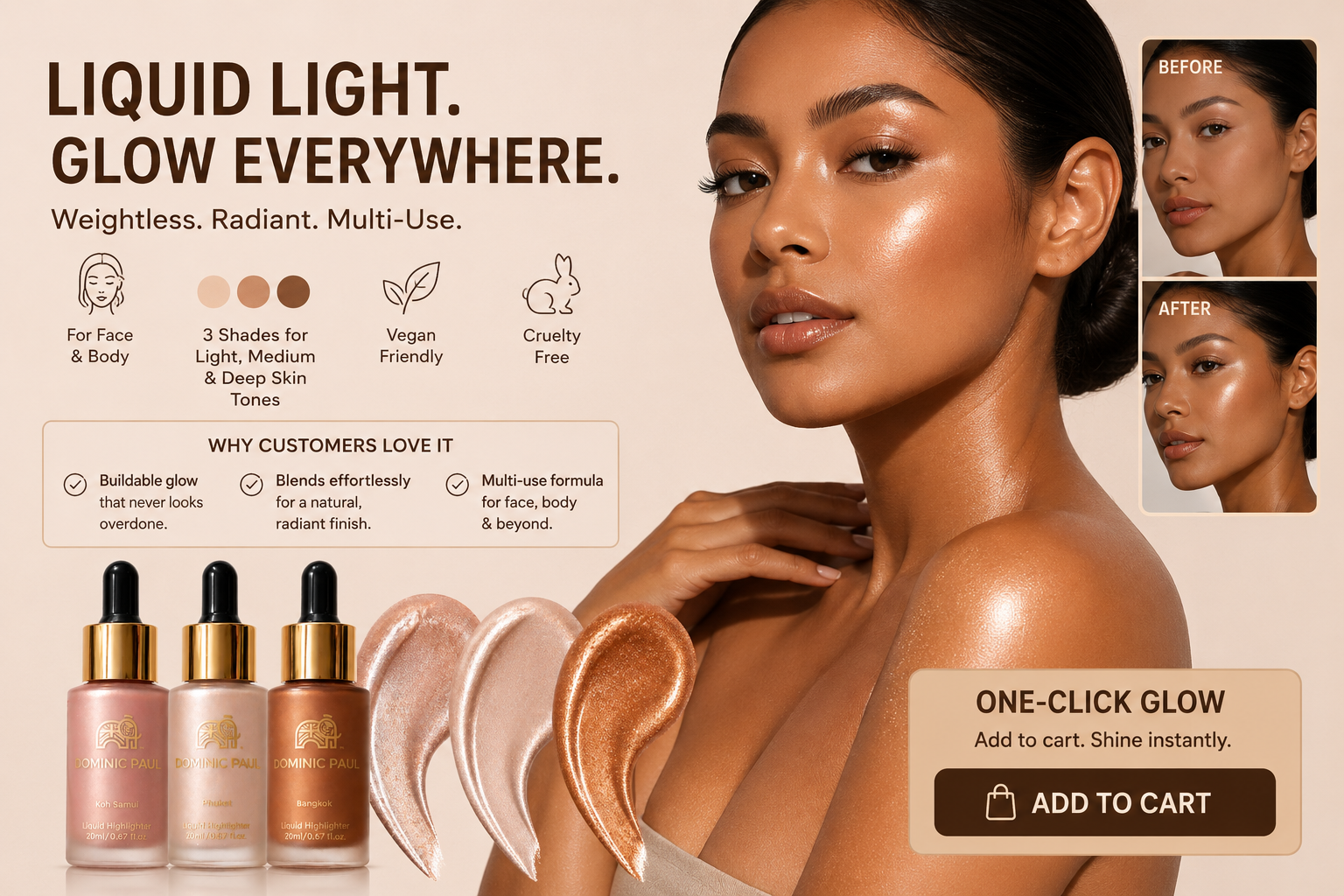 Dominic Paul Cosmetics Liquid Highlighter in shade Phuket giving a natural highlighted look perfect for summer face and body glow